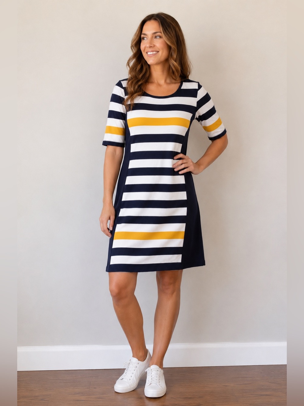 Océana by Arseno Striped Dress Small Navy White Yellow Made in Quebec